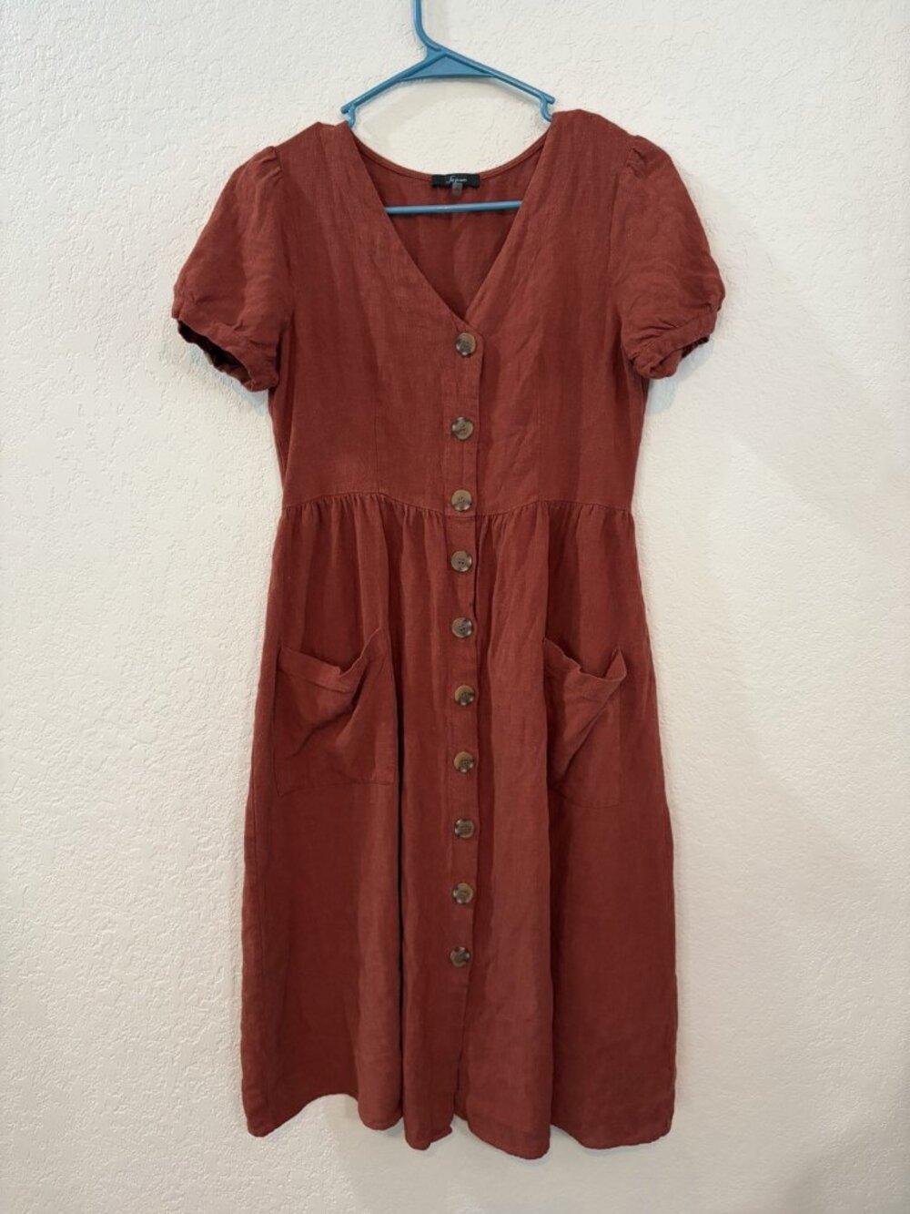 Soprano Terracotta Brown Cottagecore Lagenlook Cap sleeve Dress Linen Blend Sz M